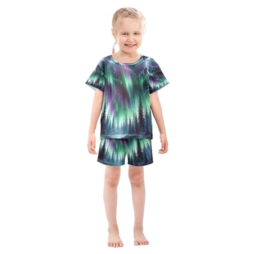 Pajama Sets Short Sleeve Watercolor Northern Light Soft Cotton Summer Sleepwear 2 Piece PJS Size 5-14T4