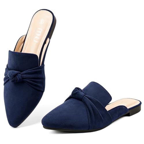 Image of MUSSHOE Mules for Women with Bow Knot: Pointed Toe Flats - Cloud-Cushion Suede Backless Loafers for Office & Casual Wear - Wide-Fit Friendly Slip On Slides with Memory Foam