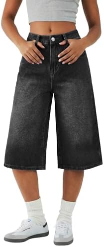 EMMIOL Womens Long Jorts Baggy Y2K Mid High Waisted Retro Jean Shorts Trendy Streetwear Wide Leg Denim Bermudas