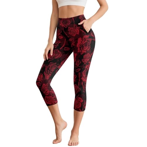 YEXIATODO Red Rose Capri Yoga Pants High Waisted Floral Print Leggings with Pockets, Flower Workout Sexy Yoga Capri Pants for Womens Ladies Girls