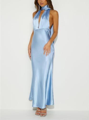 Image of 2026 Women's Satin Halter Deep V Neck Wedding Guest Maxi Dresses