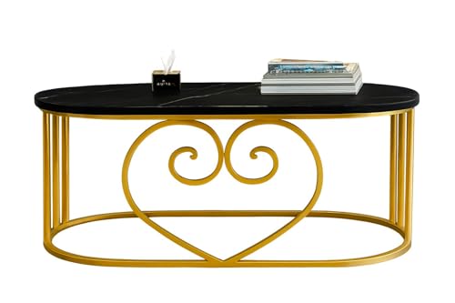 Image of Oval Accent Metal Centre Table with Marble Look Coffee Tables with Engineered Wood Top and Metal Frame, Contemporary Table for Office, Bedroom, or Living Room Golden Black