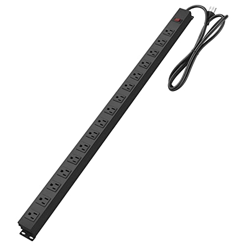 Regleta de alimentación metálica para montaje en pared HHSOET, 16 tomas, cable de extensión de 15 pies (14 AWG), 15 A, 125 V, 1875 W, color negro | Resistente, con espaciado amplio entre tomas, para escritorio, garaje y taller miniatura 1