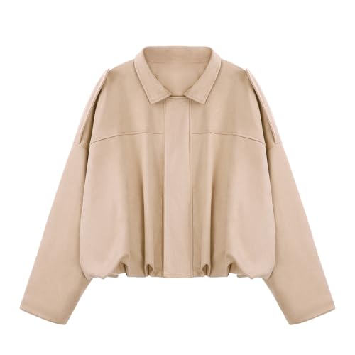 Image of WERFORU Women's Faux Suede Bomber Jacket Casual Pilot Coat Oversized Spring Fall Batwing Long Sleeve Streetwear Outwear