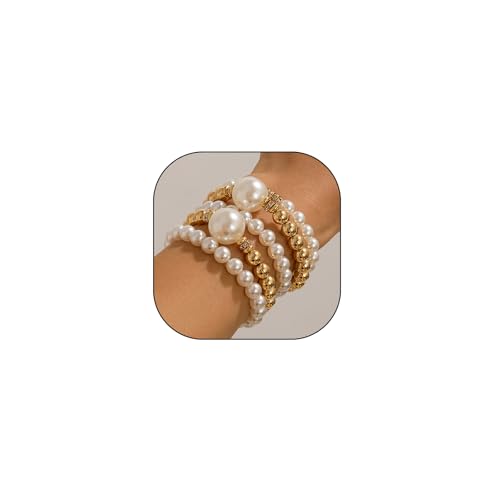 Chunky Pearl Bracelets for Women Stackable Gold Pearl Beaded Stretch Bracelets Exaggerated Big Pearl Ball Bracelet Set Trendy Birthday Jewelry Gifts