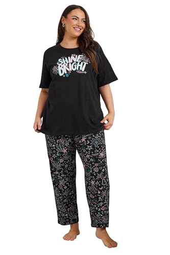 Yours Curve 'Shine Bright' Wide Leg Pyjama Set - Women's - Plus Size Curve Black