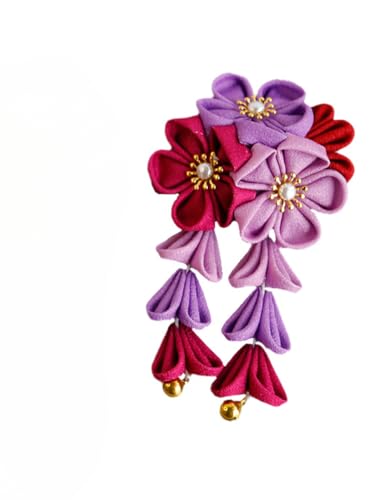 和風の細かい花の着物ヘッドドレス手作り生地のタッセルと風の花のヘアピンサイドクリップダックビルクリップヘアアクセサリー (パープル)