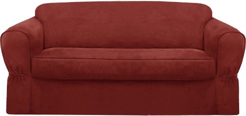 Maytex Piped Suede 2-Piece Loveseat Furniture Cover/Slipcover, Red #TOP26