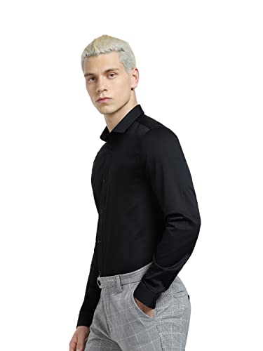 Image of Jack & Jones Men's Cotton Slim Fit Solid Opaque Checked Spread-Collar Casual Shirt