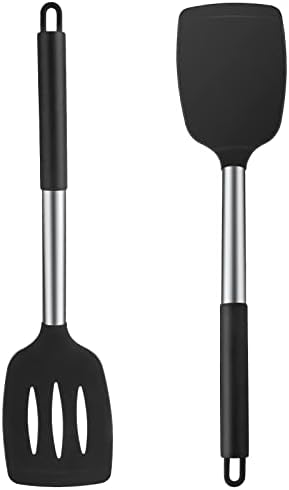Silicone Spatulas Turners, Solid & Slotted Silicone Spatula Set, Non Stick Turners,Ailsoes Heat Resistant BPA Free Rubber Spatulas for Fish, Eggs, Pancakes, WOK，2 Pack (Black)