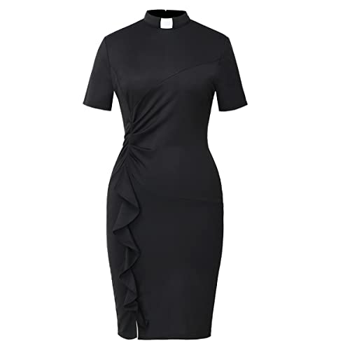 BLESSUME Church Clergy Women Tab Collar Dress Black Short Sleeve Mass Pencil Dress
