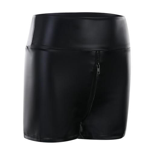 Short aspect cuir noir stretch avec fermeture éclair frontale robuste - 4
