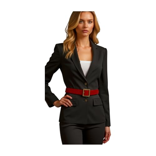 Women Red Skinny Belt - Hip High Waist Basket Weave Band Gold Square Buckle S M z0752