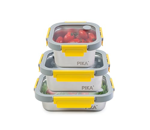 Pika - Lot de 3 boites alimentaires en inox et couvercle en verre trempé - 600ml + 800ml + 820ml - Compatible micro-ondes - MetalShock