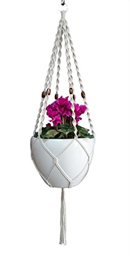6 Legs Macrame Natural Jute And Cotton Plant Hanger & Holder And Metal Ring, 51-Inches Length (Without The White Pot And Plant) (Jute) (Cream-Cotton) #TOP26
