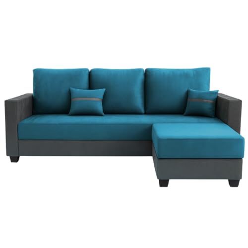 Image of FURNY Aura 4 Seater L Shape Sofa Set with Movable Ottoman | Flexible Left or Right Layout | Plush Velvet Fabric (Aqua Blue-Dark Grey) | Perfect for Living Room, Guest Room & Office