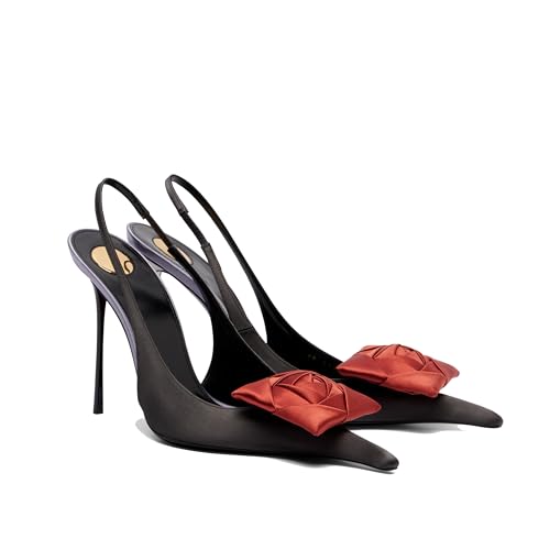 THESHY Women's Slingback High Heels Floral Appliqués Pointed Toe Slip On Satin Stiletto Pumps Fashion Party Dress Shoes for Women