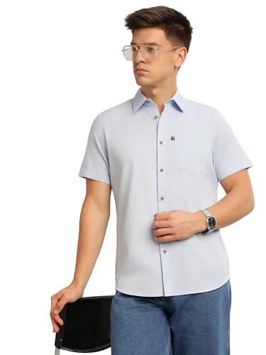 Image of Thomas Scott Men's Premium Slim Fit Casual Shirt | 100% Cotton Twill | Short Sleeves | Spread Collar | Solid Smart Casual Shirt for Men