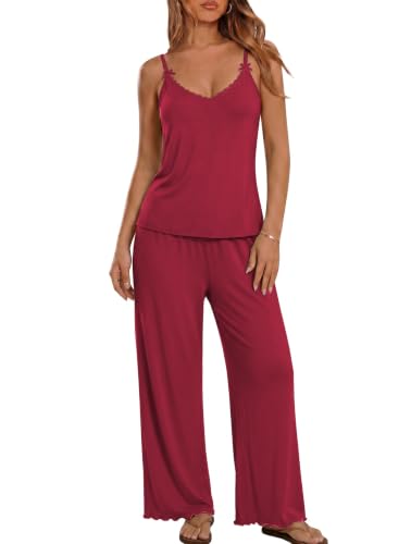 Image of Ekouaer Womens Y2K Cami Pajama Set with Flare Pants, 2 Piece Lace Trim Sleepwear Spaghetti Strap Pjs Set XS-2XL