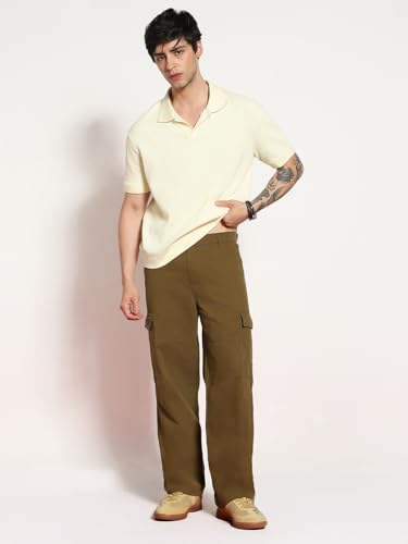 Image of Urbano Fashion Men's Loose Baggy Fit Solid Cargo Chino Trouser Pant with 6 Pockets Non-Stretchable