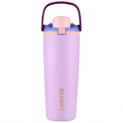 Image of LHOTSE Gym Water Bottle 30oz - Leak Proof Lock Lid, Matte Metallic Finish, Carry Handle, Durable Stainless Steel, Perfect for Workout & Sports (Light Lavender, 900 ML)