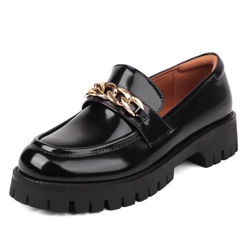 Image of Black Loafers Women Platform Chunky Business Casual Shoes
