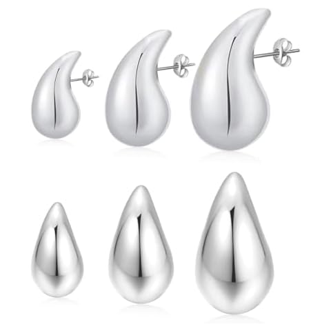 Bluegoog 3 PCS Chunky Hoop Earrings Set, Large 14k Gold Plated Teardrop Waterdrop Drop Earring Fashion Statement Jewerly Accessory Pack for Women Gifts (Earrings Silver Set) Cover