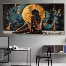 BMGKYAGL Modern Abstract Woman Poster and Prints Black Blue and Gold Art Canvas Painting Wall Art Picture Home Decor(40x80cm/Frameless)
