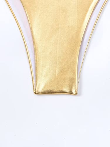 Falainetee Conjunto de biquíni feminino metálico brilhante, cintura alta, triângulo e laço lateral,