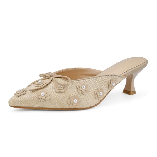 Image of Women Kitten Heel Mules Crystal Flower Decor Mesh Pointed Toe Low Heel Casual Pumps