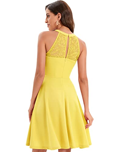 Women Yellow Short Halter Cocktail Bridesmiad Summer Dress Wedding Guest Graduation Dress Lace Swing Yellow M #TOP5