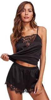 GuLiNiao – طقم بيجامة حريري دانتيل نسائي قطعتين (توب + شورت) | تصميم ناعم وأنيق للنوم والاسترخاء – قماش ساتان فخم ولمسة دانتيل جذابة