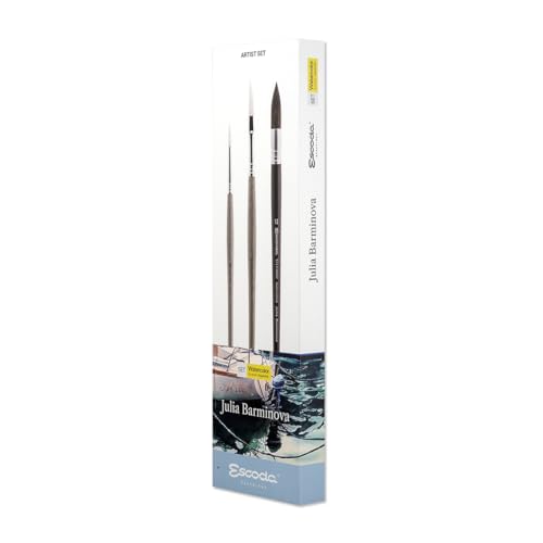 Image of Escoda | Watercolour | Artist Set Julia Barminova | Size 6,1 /4,12 | 3 Brushes | Synthetic White Toray + Tendo | Round Pointed + Dagger Striper + Round mop