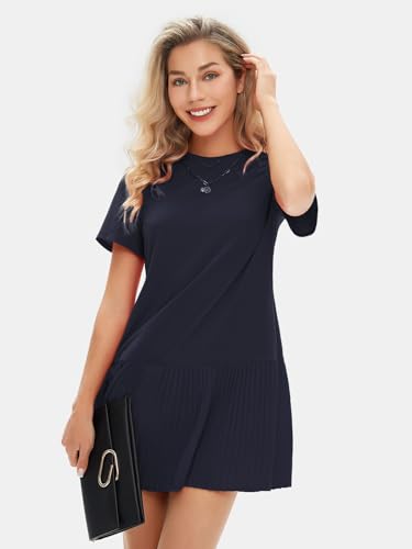 Image of EXLURA Womens Summer Casual Short Sleeve Dress Crewneck Tshirt Dresses Pleated Aline Mini Dress 2025 Vacation Beach Sundress