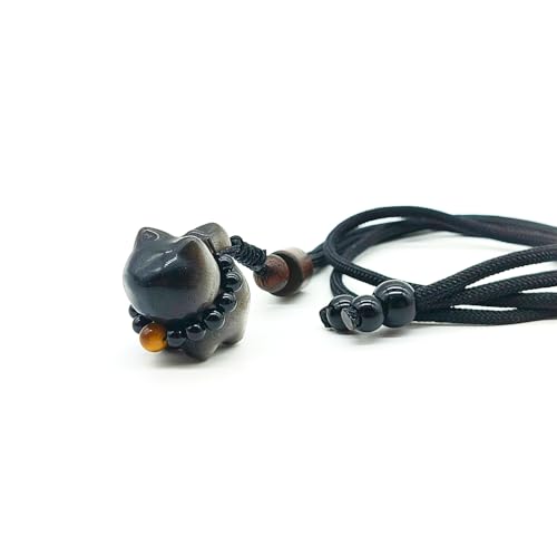 Vansruyi Cat Obsidian Necklace Pendant with Adjustable Cord in 16-25inch for Women or Men Choker Stackable Handmade Cute Necklace Amulet Healing Dainty Gifts for Bestfriend&Teen&Holiday Cat