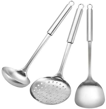 3-Piece Stainless Steel Kitchen Utensil Set – Noodle Spoon, Cooking Ladle, Strainer With Heat-Resistant Handles