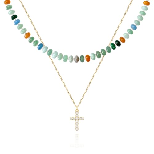 Zeffy Cross Beaded Layered Necklaces Colorful Gemstone Stackable Necklace