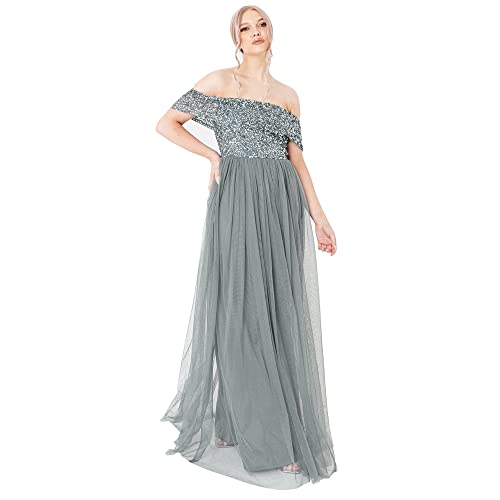 Maya Deluxe Vestido de Bardot para Mujer, Maxi Adornado, Cintura Imperio, sin Mangas, Tul para Boda, invitada, graduación Dama de Honor, Verde neblina, 48