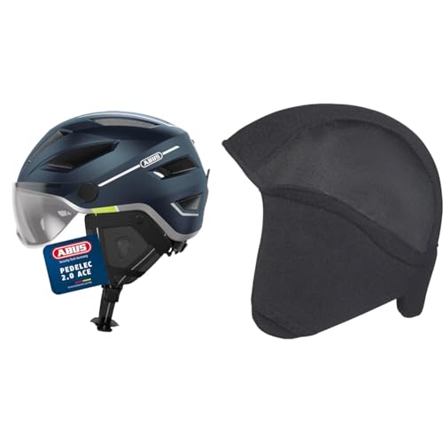 ABUS Stadthelm Pedelec 2.0 ACE - Fahrradhelm mit Rücklicht, Visier, Regenhaube, Ohrenschutz - für Damen und Herren - Blau Matt, Größe L & Winter Kit Fahrradhelm, Schwarz (Black), L