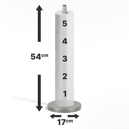 Minismus Toilettenpapierhalter stehend mit beschwerter Basis für kippsicheren Stand, Toilettenpapierständer aus Edelstahl, bietet Platz für bis zu 5 Ersatzrollen für bequemen Zugriff (Silber)