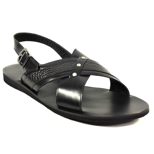 Good Man Men's Black Leather Slingback Sandals, Criss-Cross Design, Comfort Flat Sole, Silver Buckle Closure, Summer Casual