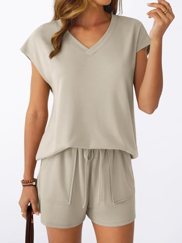 AUTOMET 2 Piece V Neck Cap Sleeve Shirt and Shorts Set Womens Matching Summer Lounge Sets2
