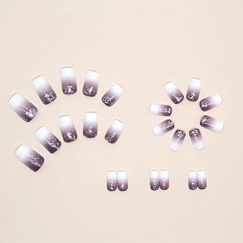 24 Pcs Press On Nails Medium Fake Nails White Purple Gradient False Nails With Glue Designs Glossy Glue On Nails Artificial Acrylic Nails Square Stick On Nails For Women Girls #TOP3