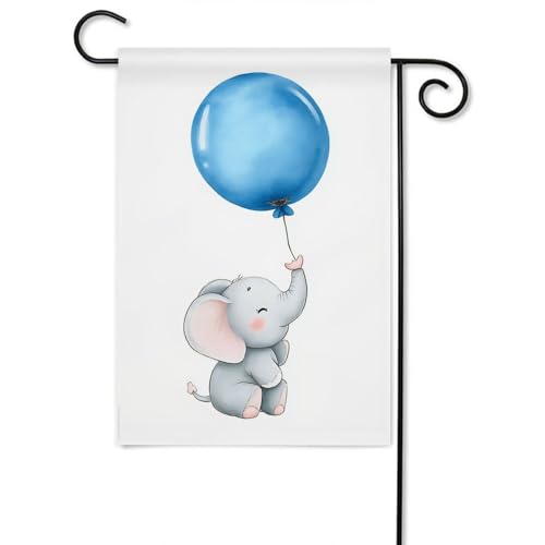 Moslion Elephant Garden Flag Vertical Double Sided Cute Animal Grey Baby Elephants with Blue Balloon House Flags Home Burlap Banners 12.5x18 Inch for Outdoor Decor Lawn