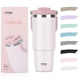 TYESO タンブラー ストロー付き 900ml 水筒 保冷保温 大容量 ステンレスボトル 蓋付き こぼれない ウォーターボトル 持ち運び 取っ手付 真空断熱 二重構造 広口 直飲み 漏れない アウトドア おしゃれ サクラピンク KT01-01024-202