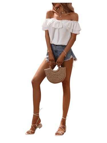 SweatyRocks Women's Off Shoulder Ruffle Trim Knot Front Blouse Tiered Layer Butterfly Short Sleeve Chiffon Tops Summer3