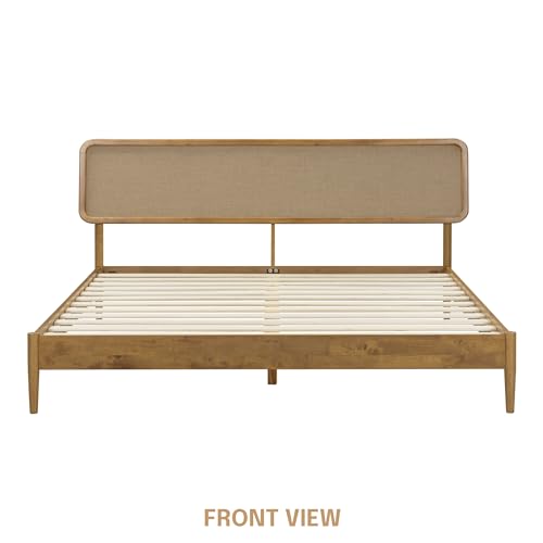 Image of NTC Lupin Wooden Bed Frame with Headboard, Solid Oak and Rubber Wood Foundation with Silent Slats and Wood Central Supports, 1000 Lb Capacity, King - Teak Look