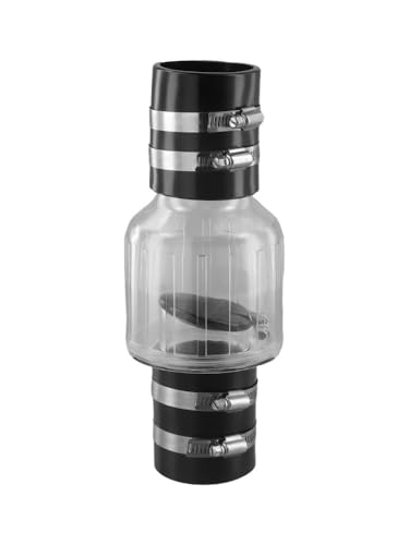 FUBESK Clapet anti-retour silencieux avec déflecteur à ressort pour la prévention du refoulement des eaux usées, 38,1 et 5,1 cm, noir et argent, corps transparent et pinces haute résistance