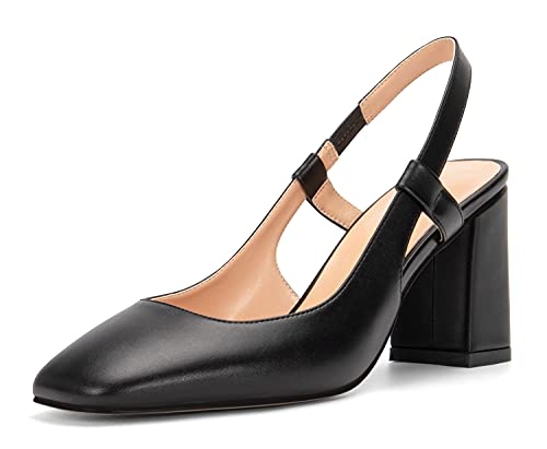 NobleOnly Womens Slingback Chunky Heels Pumps Comfortable Leather Square-Toe Block Mid-Heels Office Classic Shoes 7.5 CM Heel