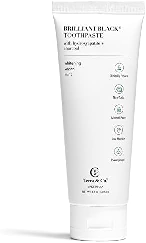 Terra & Co. Brilliant Black Hydroxyapatite Charcoal Toothpaste for Whitening Teeth – Natural Vegan Sensitive Teeth Whitening Remineralizing Toothpaste Without Fluoride & SLS – Mint, 3.4 Ounces